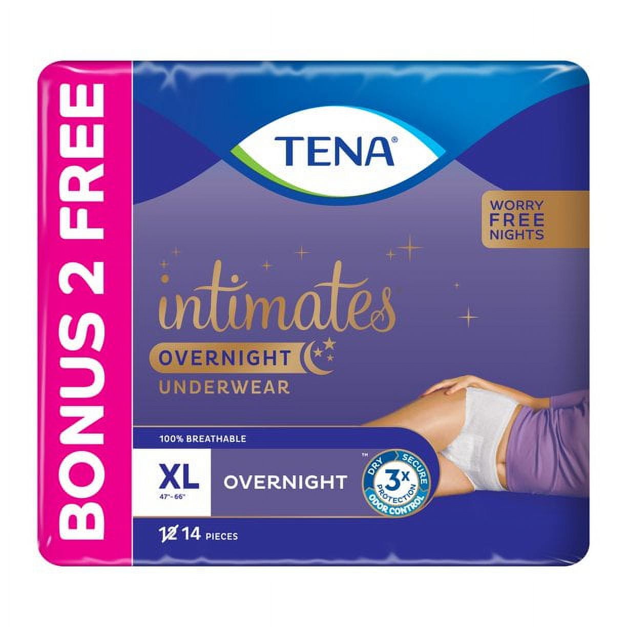 TENA Intimates Incontinence Overnight Underwear for Women, XLarge, 12+2  Bonus Pk, 14 ct 1 ea (Pack of 2) 