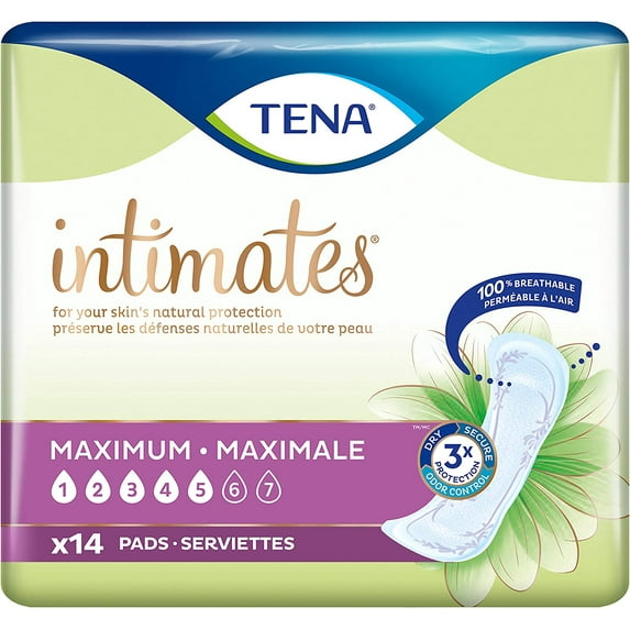 TENA Intimates Maximum Bladder Control Pad 6 X 14 Inch Heavy Absorbency Dry-Fast Core One Size Fits Most Adult Female Disposable, 54283 - PACK OF 14