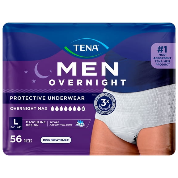 TENA MEN Underwear for Men Overnight Max, L, 56 Count (Waist size 34in-44in)