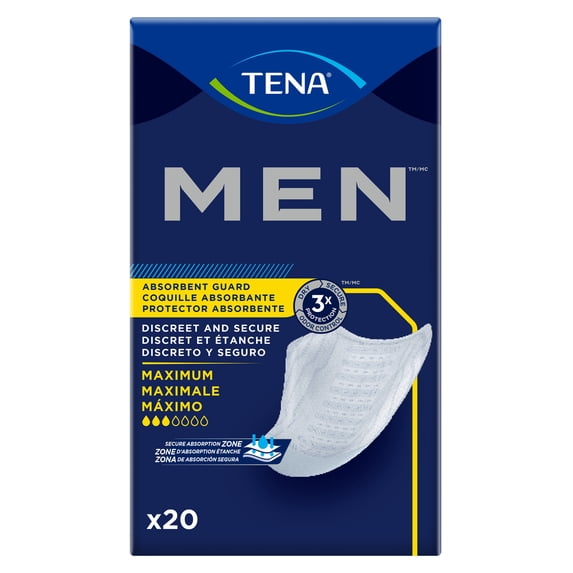 TENA Men Maximum Disposable -Absorbent Bladder Control Pad for Adults, 8 in., 20 Count, 6 Packs, 120 Total