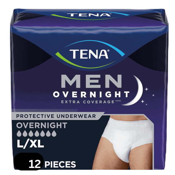 TENA Overnight Extra Coverage Incontinence Underwear for Men, Masculine Style and Discreet Cut Men's Underwear, Large/X-Large 12 CT