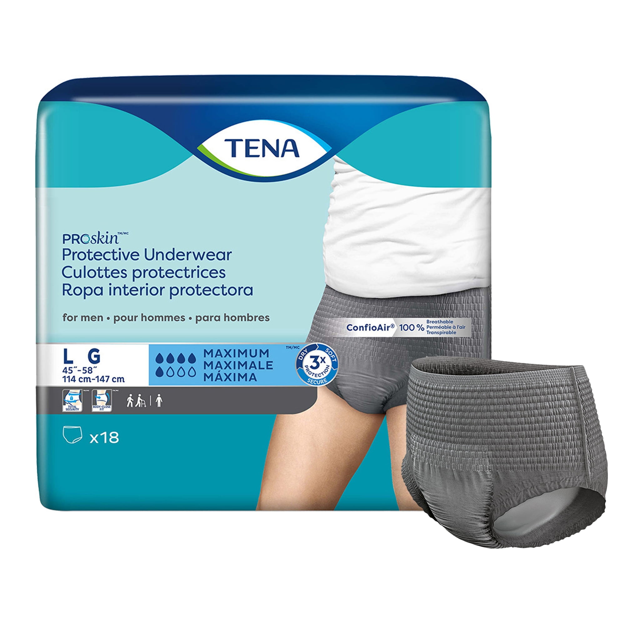TENA ProSkin Mens Underwear, Incontinence, Gray, Disposable, Large, 18 ...