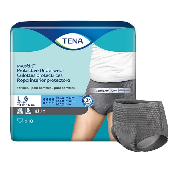 TENA ProSkin Mens Underwear, Incontinence, Gray, Disposable, Large, 72 Ct