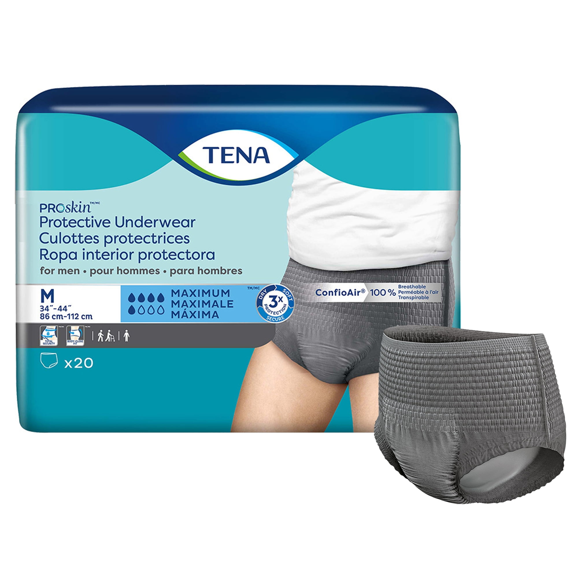 TENA ProSkin Mens Underwear, Incontinence, Gray, Disposable, Medium, 20