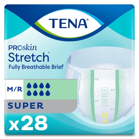 TENA ProSkin Stretch, Unisex Adult Incontinence Brief, Super Absorbency, Medium, 28 Count, 28 Packs, 28 Total