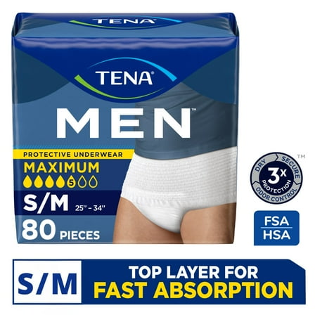 TENA Men Adult Incontinence Underwear Maximum, S/M, 80 count (Waist size 25in-34in)