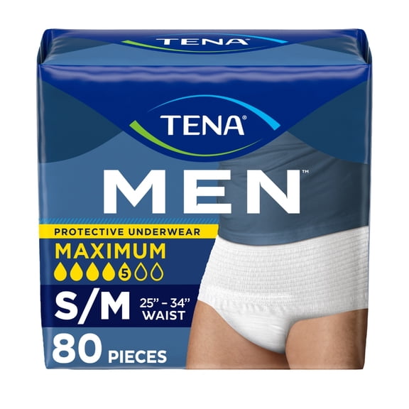 TENA Men Maximum Incontinence Underwear, White, S/M 25-34in, 80 ct