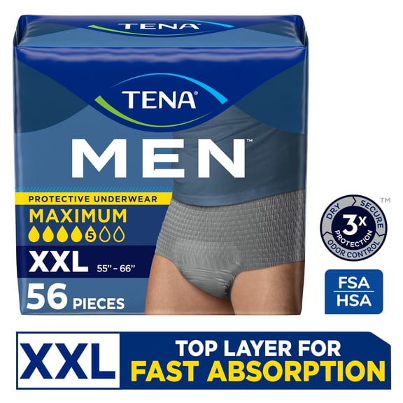 TENA Men Adult Incontinence Underwear Maximum, XXLarge, 56 count (Waist size 55in-66in)