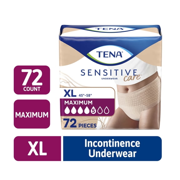TENA Sensitive Care Underwear for Women Maximum, XL, 72 Count (Waist Size 45in-58in)