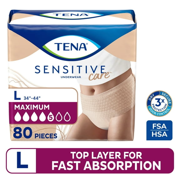 TENA Sensitive Care Adult Incontinence Underwear Maximum, L, 80 count (Waist size 34in-44in)