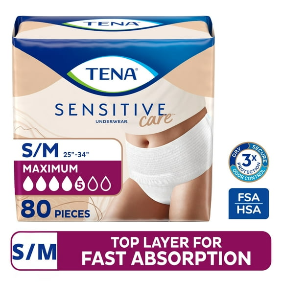 TENA Sensitive Care Maximum Underwear, S/M, 80 count (Waist size 25in-34in)