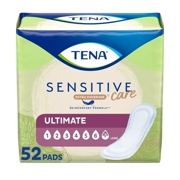 TENA Sensitive Care Extra Coverage Ultimate Incontinence Long Pads, 52ct (Pack of 2)