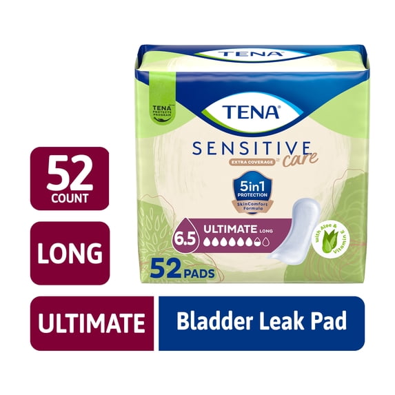 TENA Sensitive Care Extra Coverage Ultimate Incontinence Long Pads, Postpartum, 52ct
