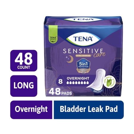 TENA Sensitive Care Extra Coverage Overnight Incontinence Pads, 48 Count
