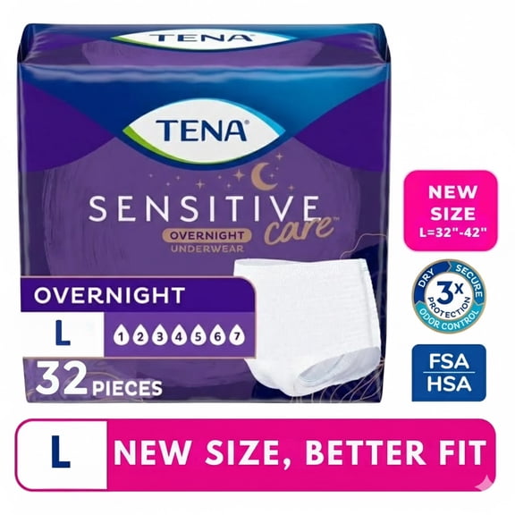 TENA Sensitive Care Overnight Incontinence Underwear for Women, L, 32 Count
