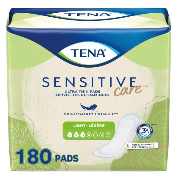 Tena Sensitive Care Ultra Thin Regular Adult Incontinence Pads for Women, Postpartum, Light Absorbency, 180 Count