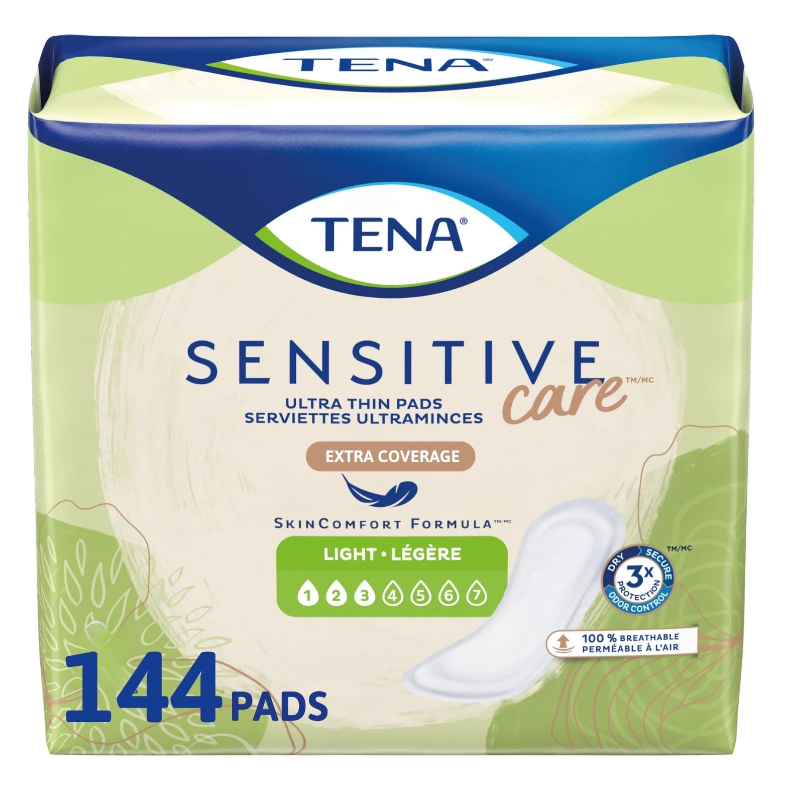 TENA Sensitive Care Ultra Thin Long Incontinence Pads for Women, Light Absorbency, 144 Count
