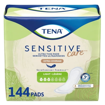 TENA Sensitive Care Ultra Thin Long Incontinence Pads for Women, Light Absorbency, 144 Count
