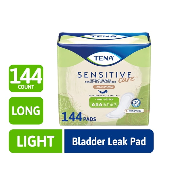 TENA Sensitive Care Ultra Thin Long Incontinence Pads for Women, Light Absorbency, 144 Count