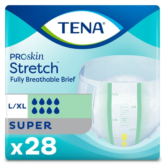 TENA Stretch Super Briefs, Incontinence, Disposable, Absorbent, Large/XL, 28 Count, 28 Packs, 28 Total