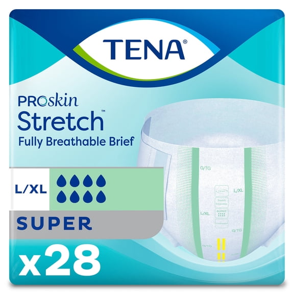 TENA Stretch Super Briefs, Incontinence, Disposable, Absorbent, Large/XL, 28 Count, 28 Packs, 28 Total