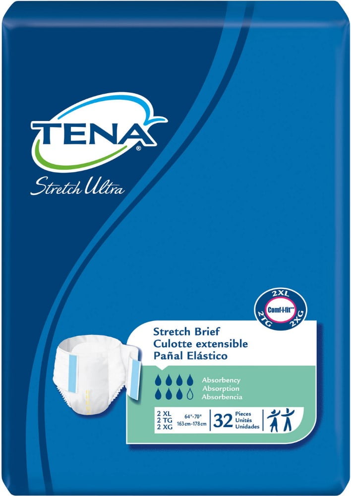 TENA Stretch Ultra Brief, 2X-LARGE, Tab Closure, Disposable Heavy  Absorbency, 61390 32 ea (Pack of 2) 