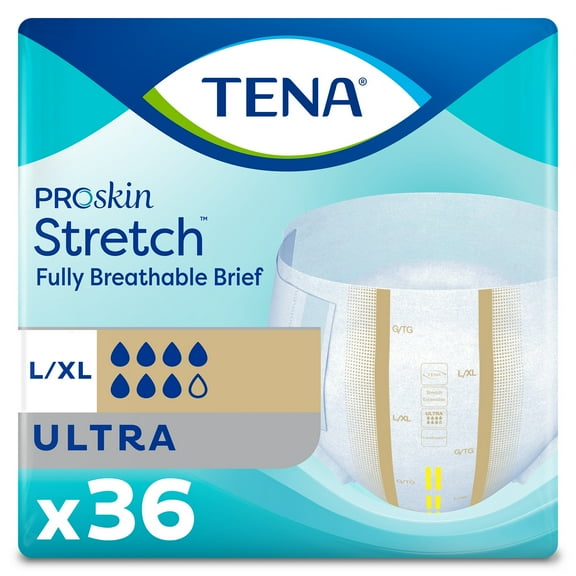 TENA Stretch Ultra Briefs, Incontinence, Disposable, Absorbent, Large/XL, 36 Count, 2 Packs, 72 Total