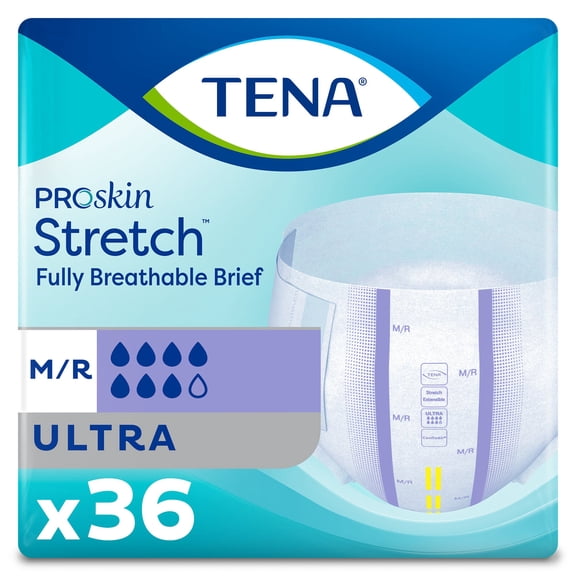 TENA Stretch Ultra Disposable Unisex Adult Incontinence Briefs, Medium, 36 Count, 1 Pack