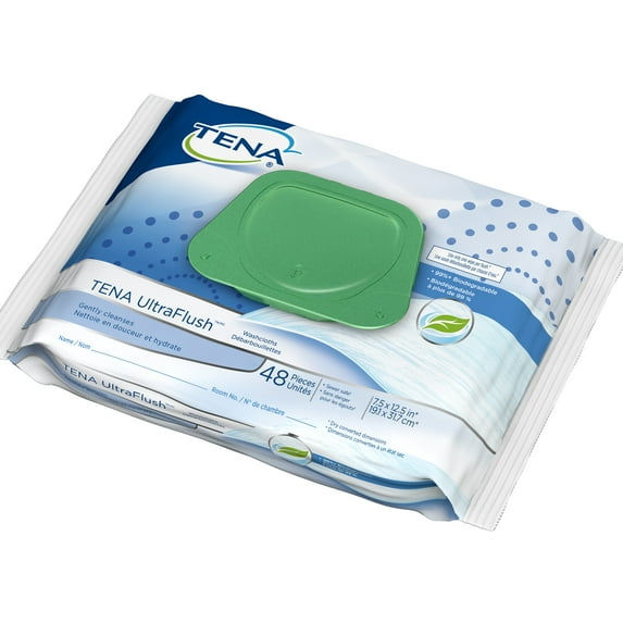 TENA UltraFlush Washcloths, Flushable Personal Cleansing Wipes, 48 Wipes, 12 Packs, 576 Total
