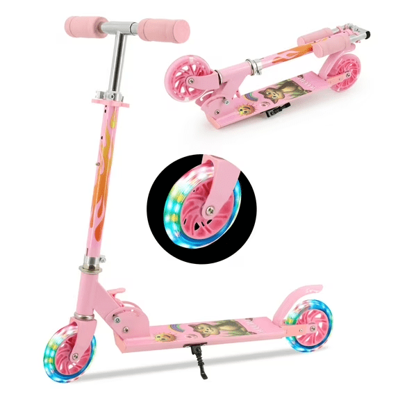 TENBOOM Scooter for Kids Ages 3-10 - Kids Kick Scooters with Led Light Up Wheels & 3 Levels Adjustable Handlebar, Lightweight Foldable 2 Wheel Girly Pink Scooter