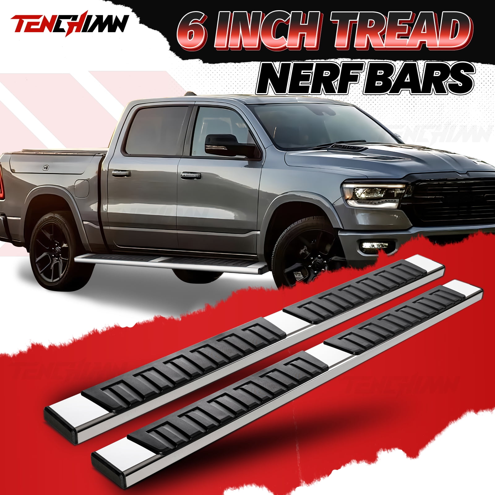6" Chrome Running Boards For 2019-2024 Dodge Ram 1500 Crew Cab (New Body) | Aluminum Side Steps Nerf Bars - View #3
