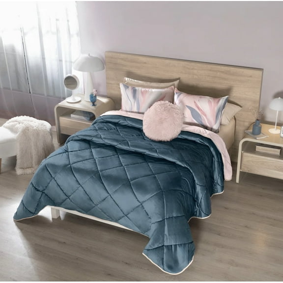 TENDENZA GREEN AND PINK COLOR VELVET TEXTURE REVERSIBLE COMFORTER SET 3 PCS TWIN SIZE MADE IN MEXICO