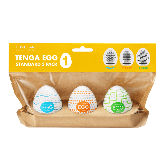TENGA Egg Standard Pack  3 Count Disposable Male Masturbators (Wavy, Starry, Cubic), Pocket-Size Ultra-Stretchy Stroker
