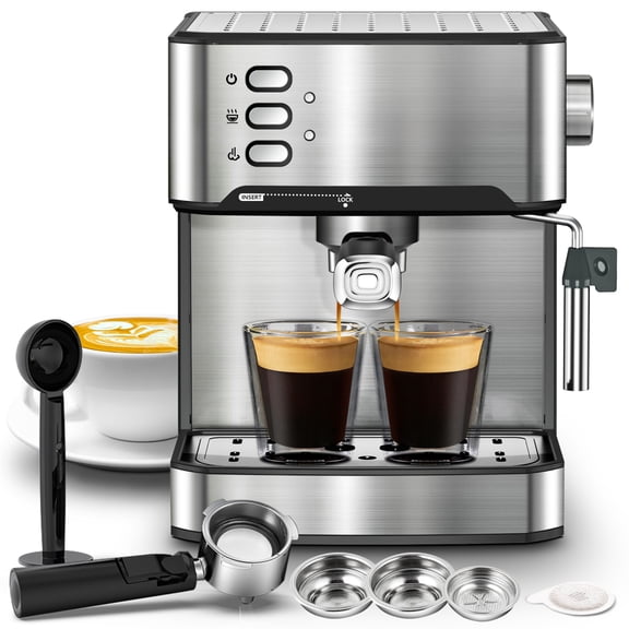 TENGDA 20 Bar Espresso Machine Silver Stainless Steel Coffee Maker with Milk Frother Single Double Shot & ESE Pod Compatible for Home Latte Cappuccino Making