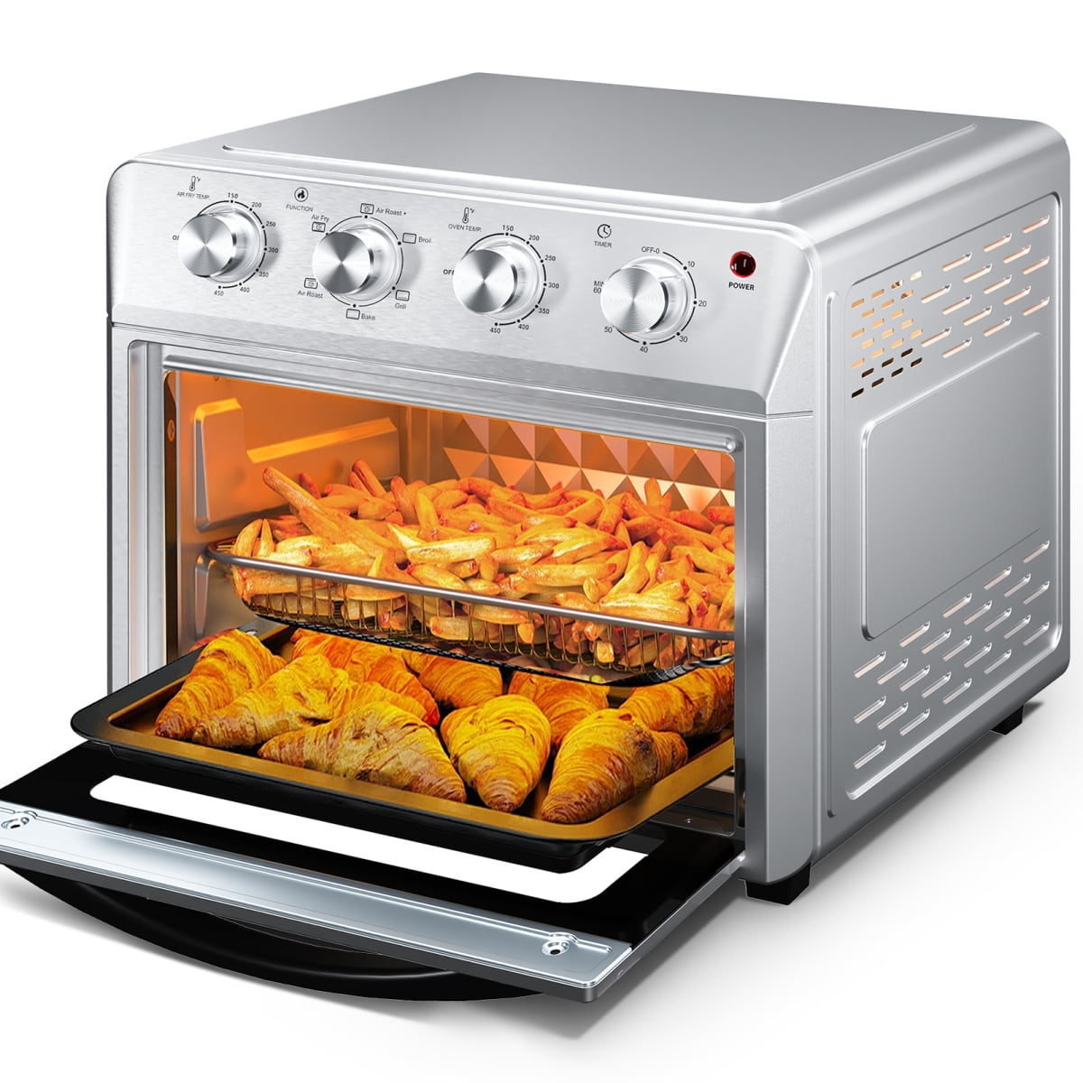 TENGDA 275QT 6 In 1 Air Fryer Oven Silver Stainless Steel Countertop Convection Oven 1600W 4 Knob Control Multi Function Air Fry Bake Broil Toast Warm Dehydrate Family Size Appliance