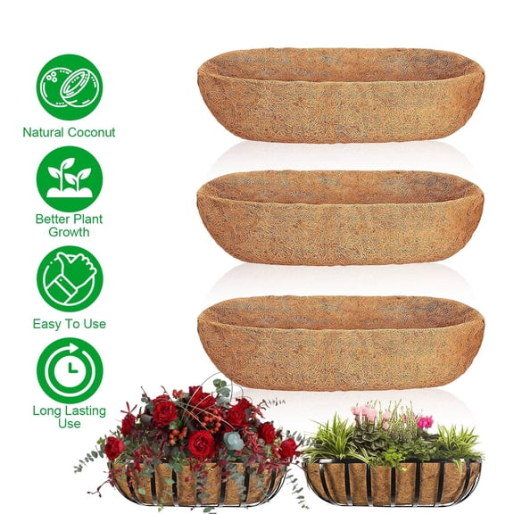 TENGDA 3 PCS 24 Inch Trough Coco Liners Natural Coconut Fiber Window Box Liners for Wire Window Baskets Coir Planter Insert for Indoor Outdoor Garden Balcony