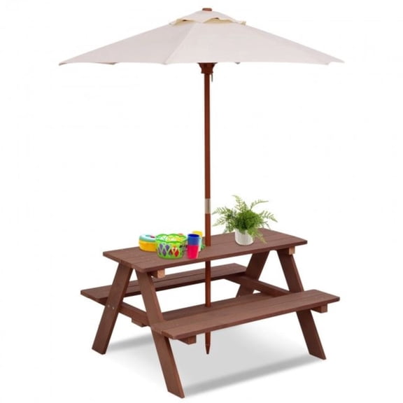 TENGDA 4‑Seat Outdoor Picnic Table Bench Set with UV‑Protection Umbrella, Fir Wood Activity Table for Backyard