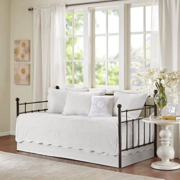 TENGDA 6 Piece Reversible Scalloped Edge Daybed Cover Set White Polyester Bedding Set for Twin Size Daybed