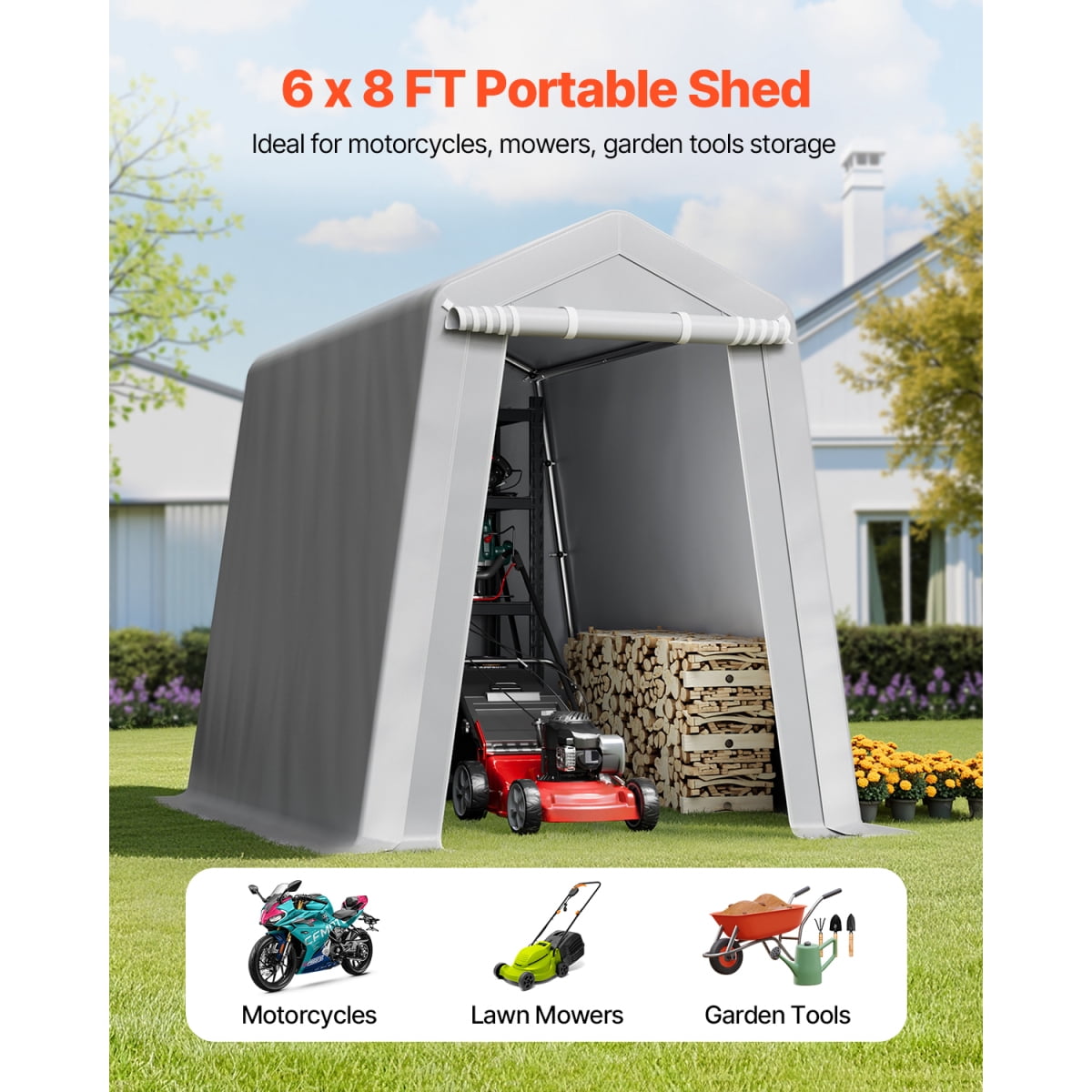 TENGDA  6x8 FT Outdoor Portable Storage Shelter Shed Waterproof Galvanized Metal Frame Carport Canopy Tent with Zipper Door for Patio Garden Equipment Storage