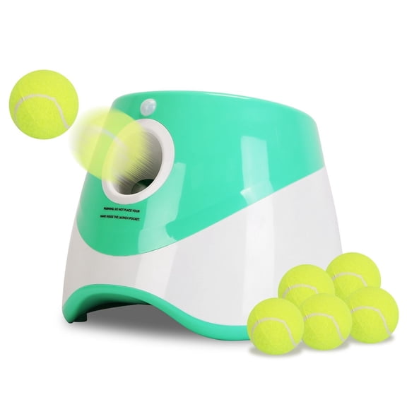 TENGDA Automatic Dog Ball Launcher with 6 Tennis Balls 3 Adjustable Launch Distances Infrared Safety Interactive Fetch Toy for Small Medium Dogs