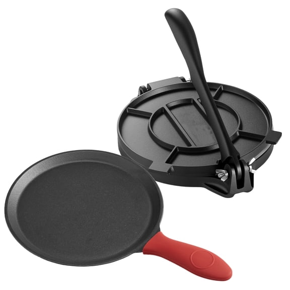 TENGDA Black 10 Inch Heavy Duty Cast Iron Tortilla Press Manual Roti Chapati Flatbread Dough Maker with 10.5 Inch Non-Stick Skillet & Parchment Paper Sheets for Home Kitchen