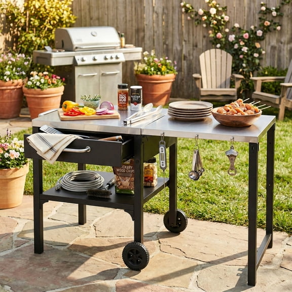 TENGDA Black Foldable Outdoor Kitchen Cart Portable BBQ Grill Prep Station with Foldable Tabletop & Storage Space for Backyard and Patio
