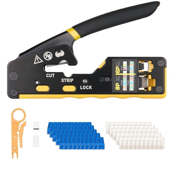 TENGDA Crimping Tool Ethernet Crimper Crimp Tool set for 4 6 8 Pin Modular Plugs with Mini Wire Stripper 50 Connectors 50 Boots Replacement Blades and Network Cable Tester