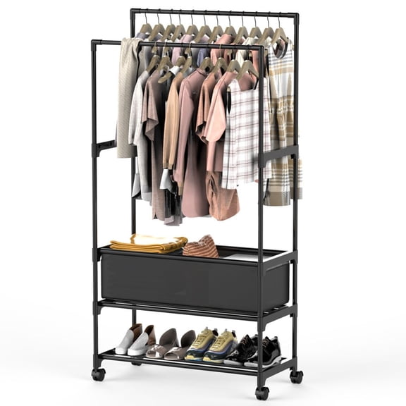 TENGDA Double Rod Garment Rack with Storage Bag Height Adjustable Clothing Rack with Shelves Lockable Wheels for Home Bedroom Laundry Room