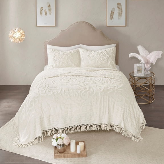 TENGDA Full Queen Size Tufted Cotton Chenille Coverlet Mini Set Blush Medallion Pattern with Fringe Boho Style Bedspread with Shams