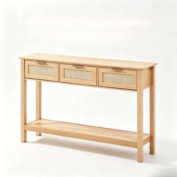 TENGDA Natural Oak Rattan Console Sofa Table Entryway Storage Console with 3 Drawers & Rattan Sliding Door Particle Board Accent Table for Living Room Foyer Study & TV Wall Decor