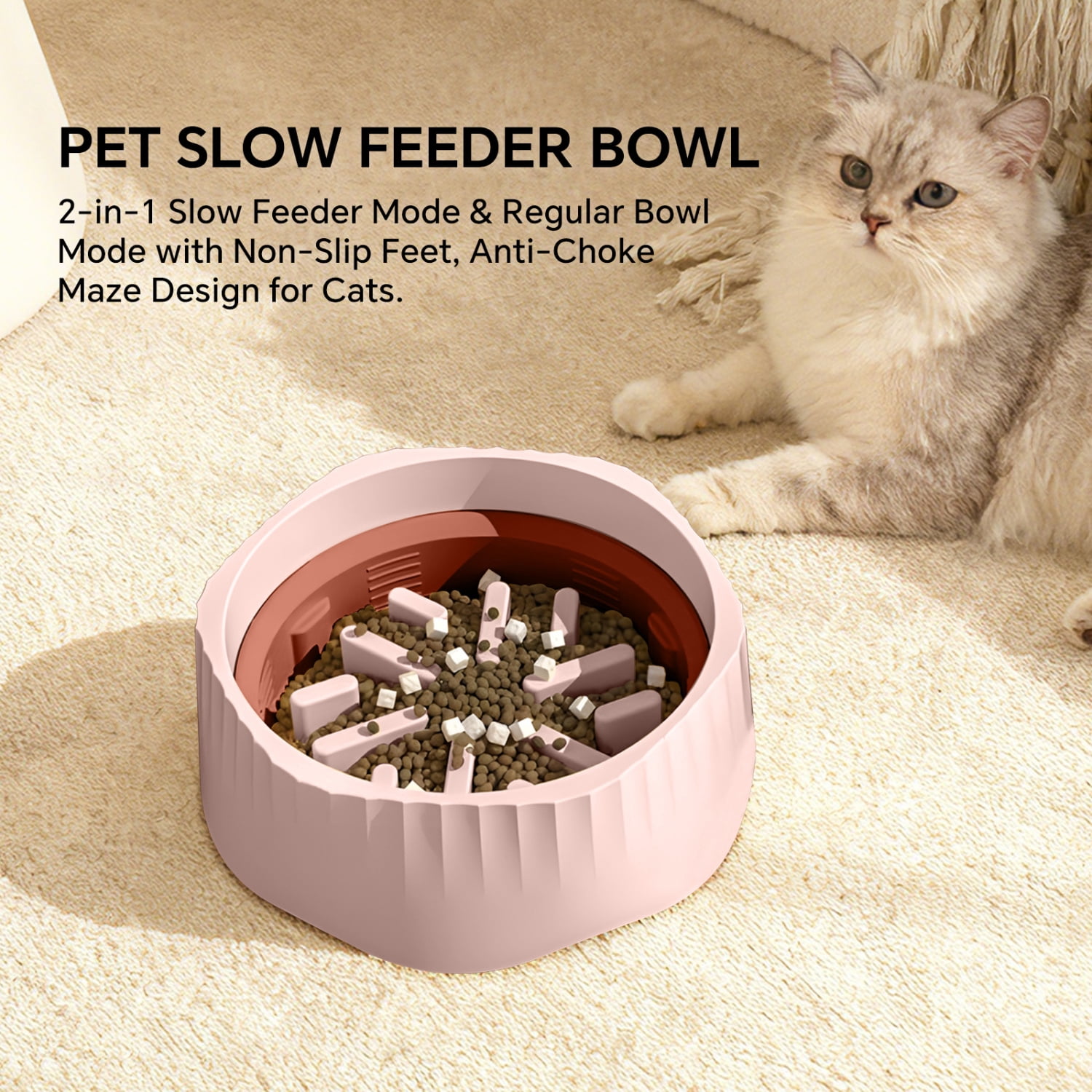 TENGDA Pink Dual-Purpose Pet Slow Feeder Bowl Switchable Fast & Slow Food Mode Double Stainless Steel Bowls Non-Slip Base for Cats Small Dogs