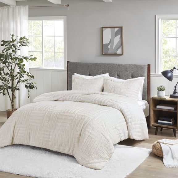 TENGDA Twin Size Faux Fur Down Alternative Comforter Mini Set Checkerboard Pattern Ivory