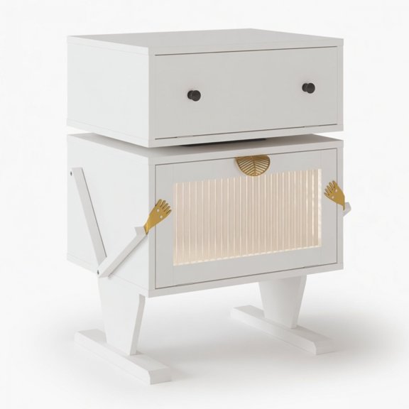 TENGDA White Modern Robot LED Side Table 20.7 Inch Wide Nightstand with 360 Degree Rotatable Drawer