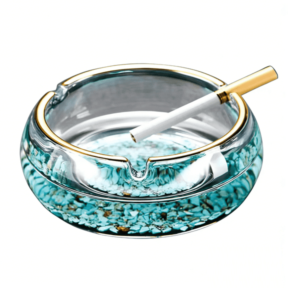 TENIRO Crystal Glass Ashtray for Cigars and Cigarettes, Gold Tabletop Holder, Home Office Decoration